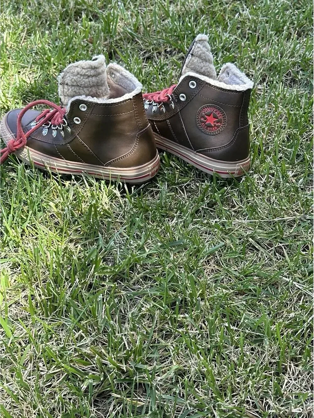 Converse All Star 632531C Brown Leather High Top Boots Kids Lined Red Laces US 4